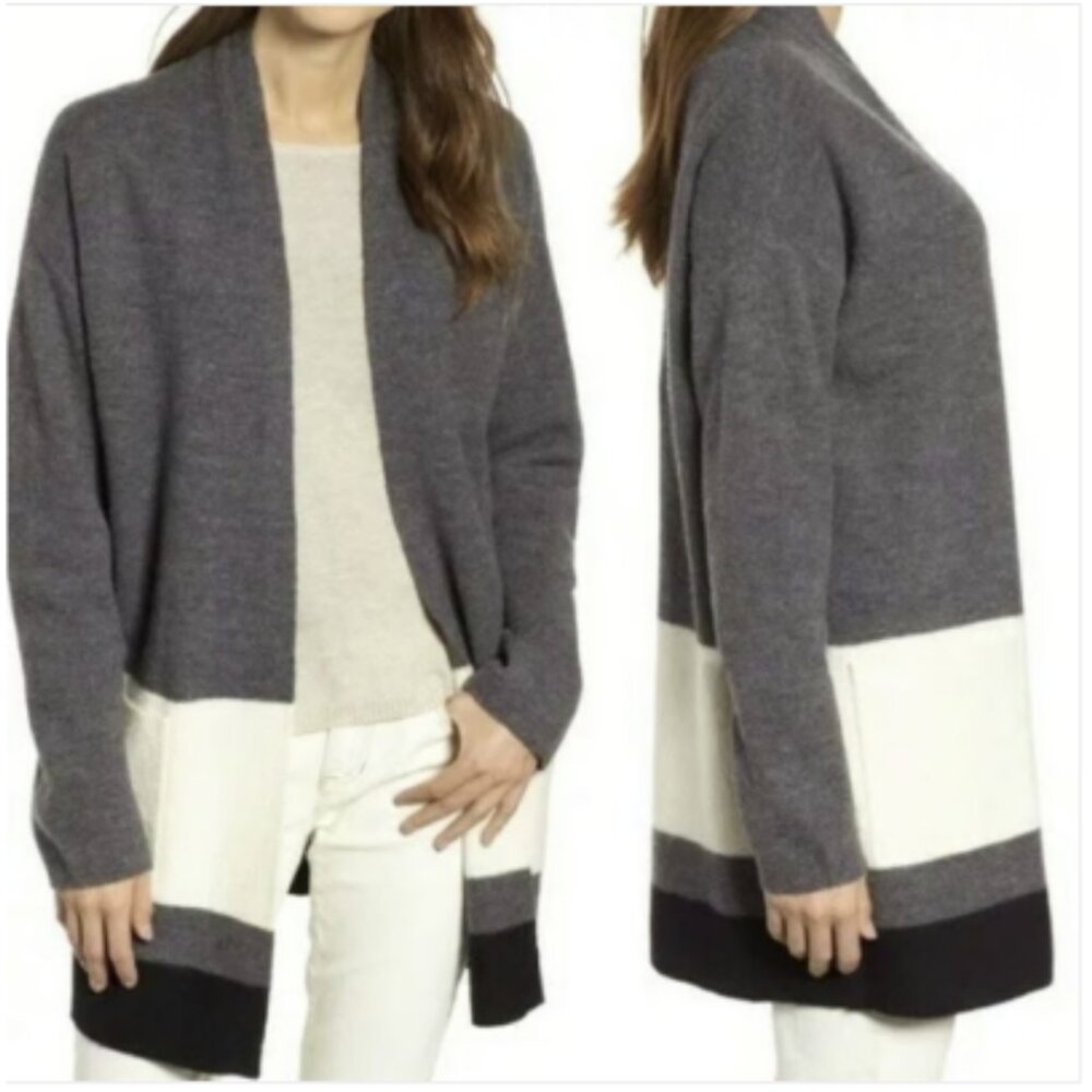 Eileen Fisher Felted Merino Wool Striped Cardigan Sweater Size PS Gray/Cream NWT